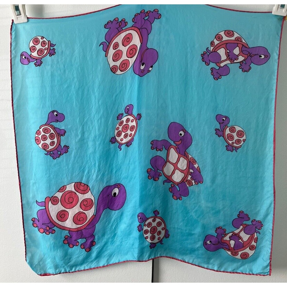 Silk Square Scarf Novelty Whimsical Print Aqua‎ Blue w/Purple Turtles Vintage